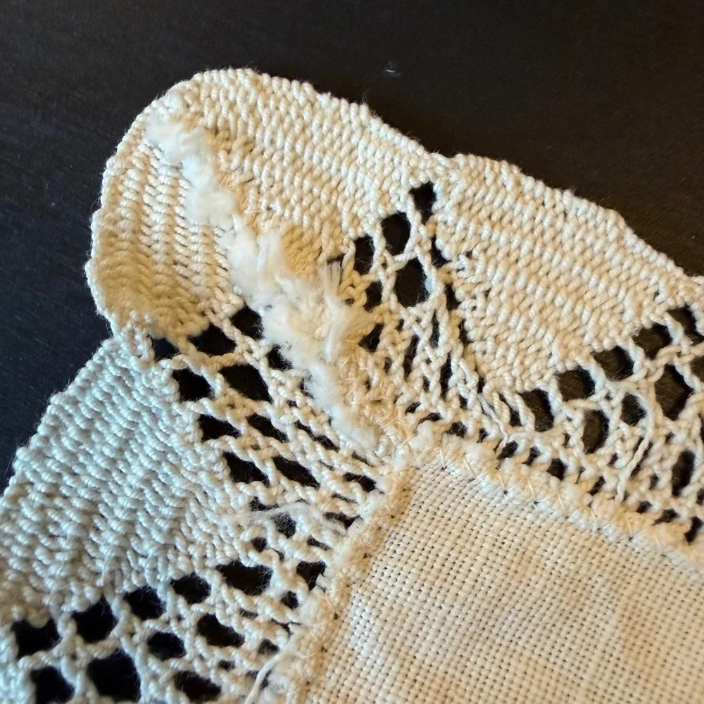 Vintage Off White Linen Dresser Scarf Crochet Lace Trim Small Table Runner 13x6